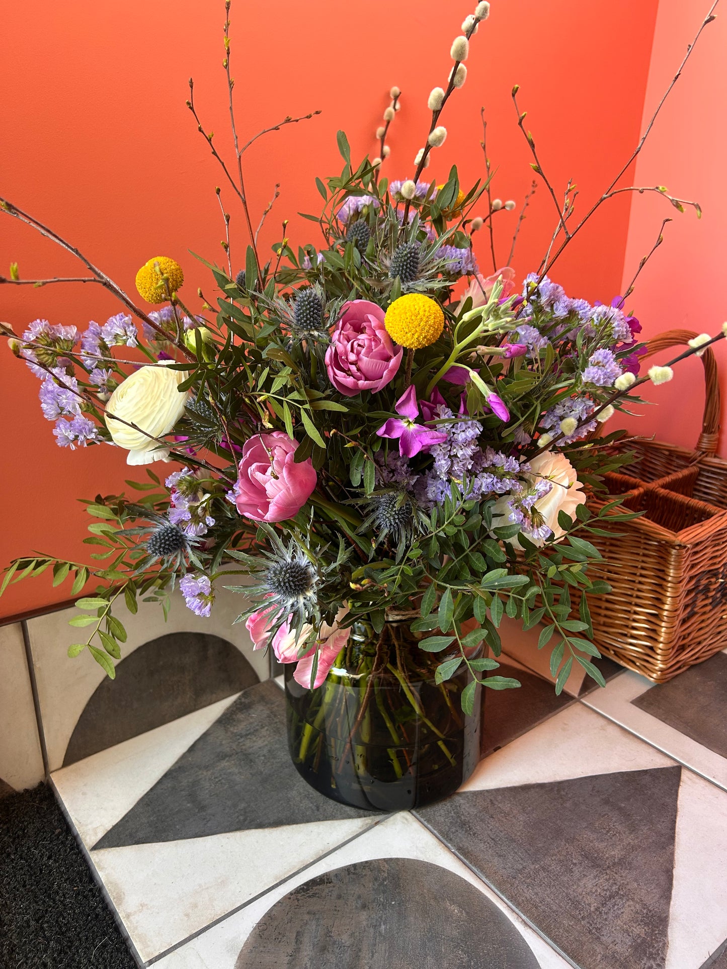 Spring tulip and thistle bouquet