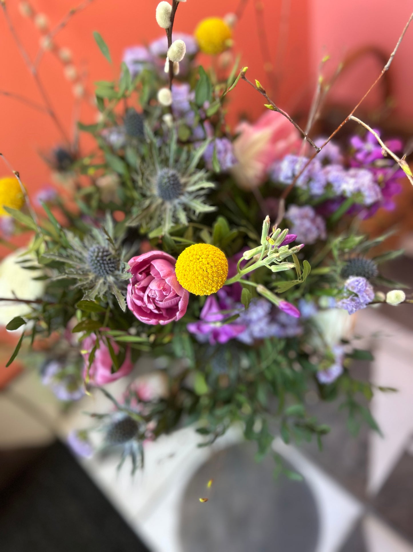 Spring tulip and thistle bouquet