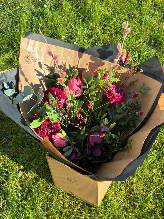 Fresh and deep pink seasonal Mother’s Day bouquet.